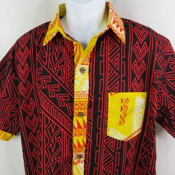 Samoan Aloha Shirt Mens M Red Yellow American Samoa Hand Printed Tribal Tapa - Picture 9 of 12